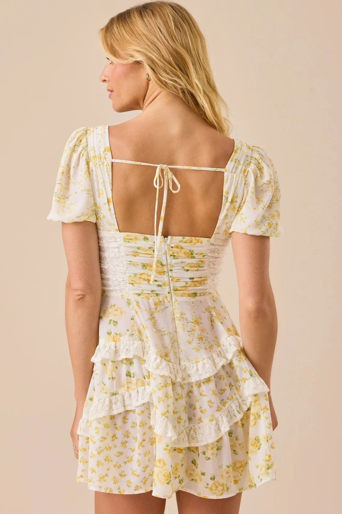 Floral Lace Patchwork V Neck Puff Short Sleeve Mini Dress - Image 18