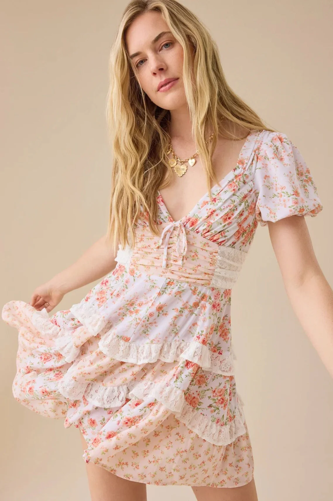 Floral Lace Patchwork V Neck Puff Short Sleeve Mini Dress - Image 19