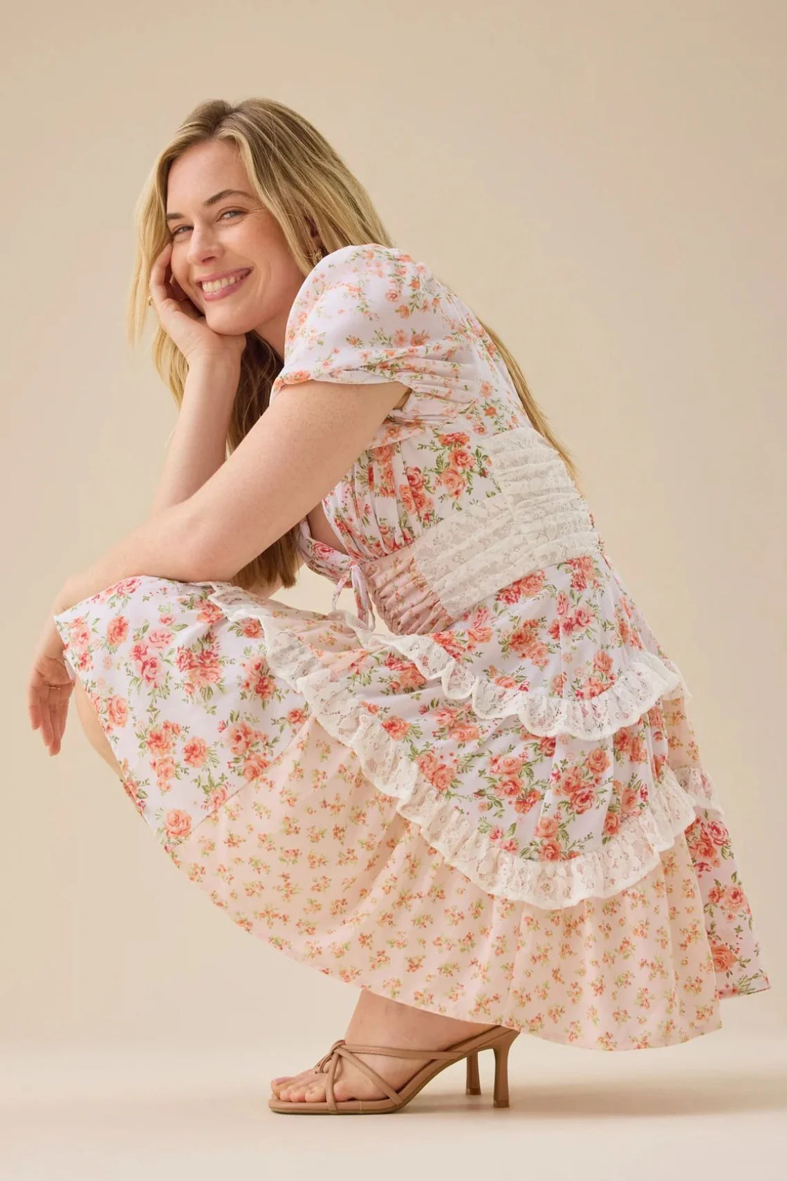 Floral Lace Patchwork V Neck Puff Short Sleeve Mini Dress - Image 21