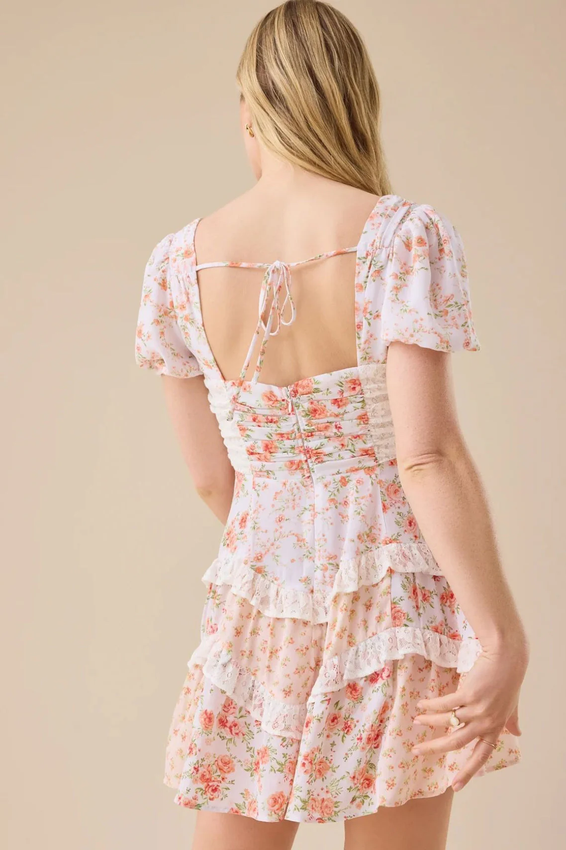 Floral Lace Patchwork V Neck Puff Short Sleeve Mini Dress - Image 22