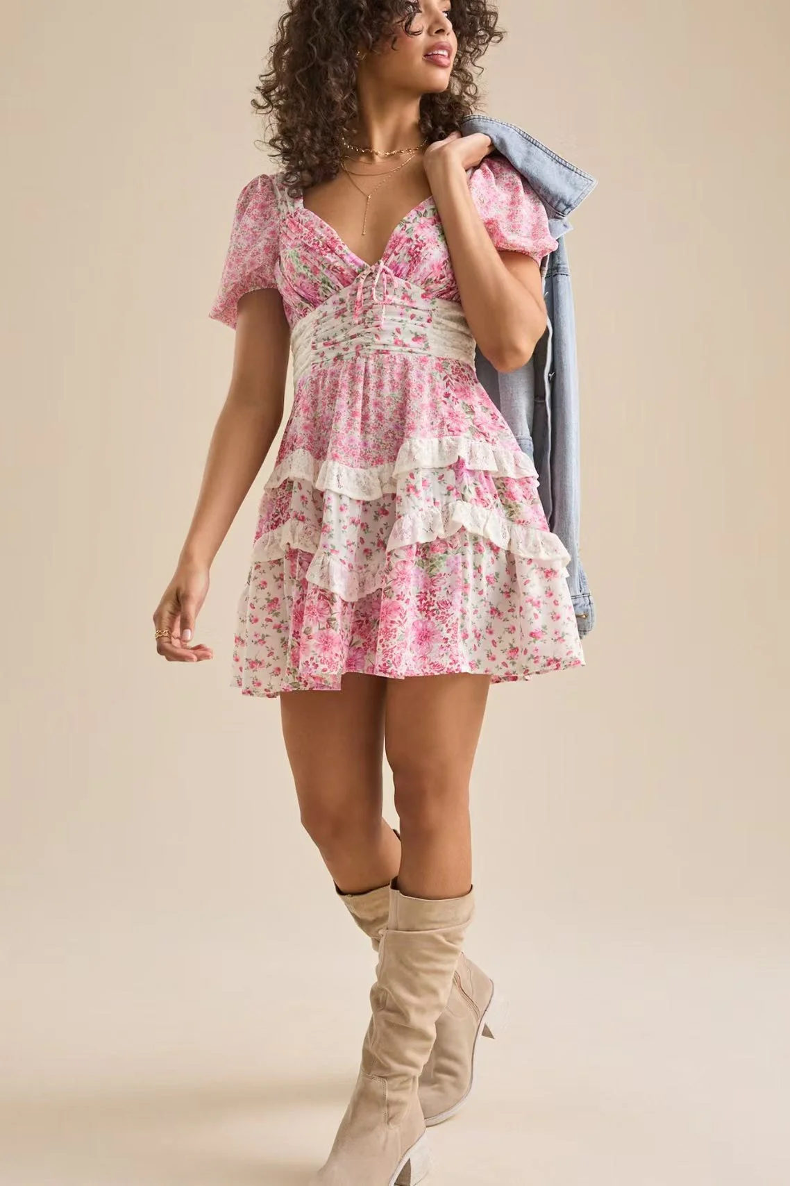 Floral Lace Patchwork V Neck Puff Short Sleeve Mini Dress - Image 4