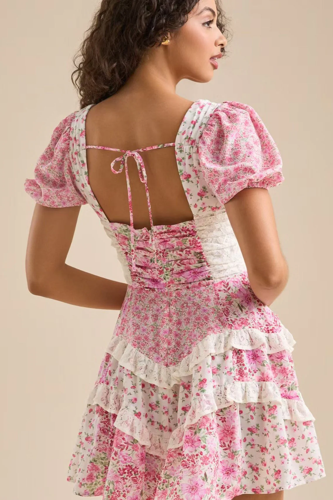 Floral Lace Patchwork V Neck Puff Short Sleeve Mini Dress - Image 5