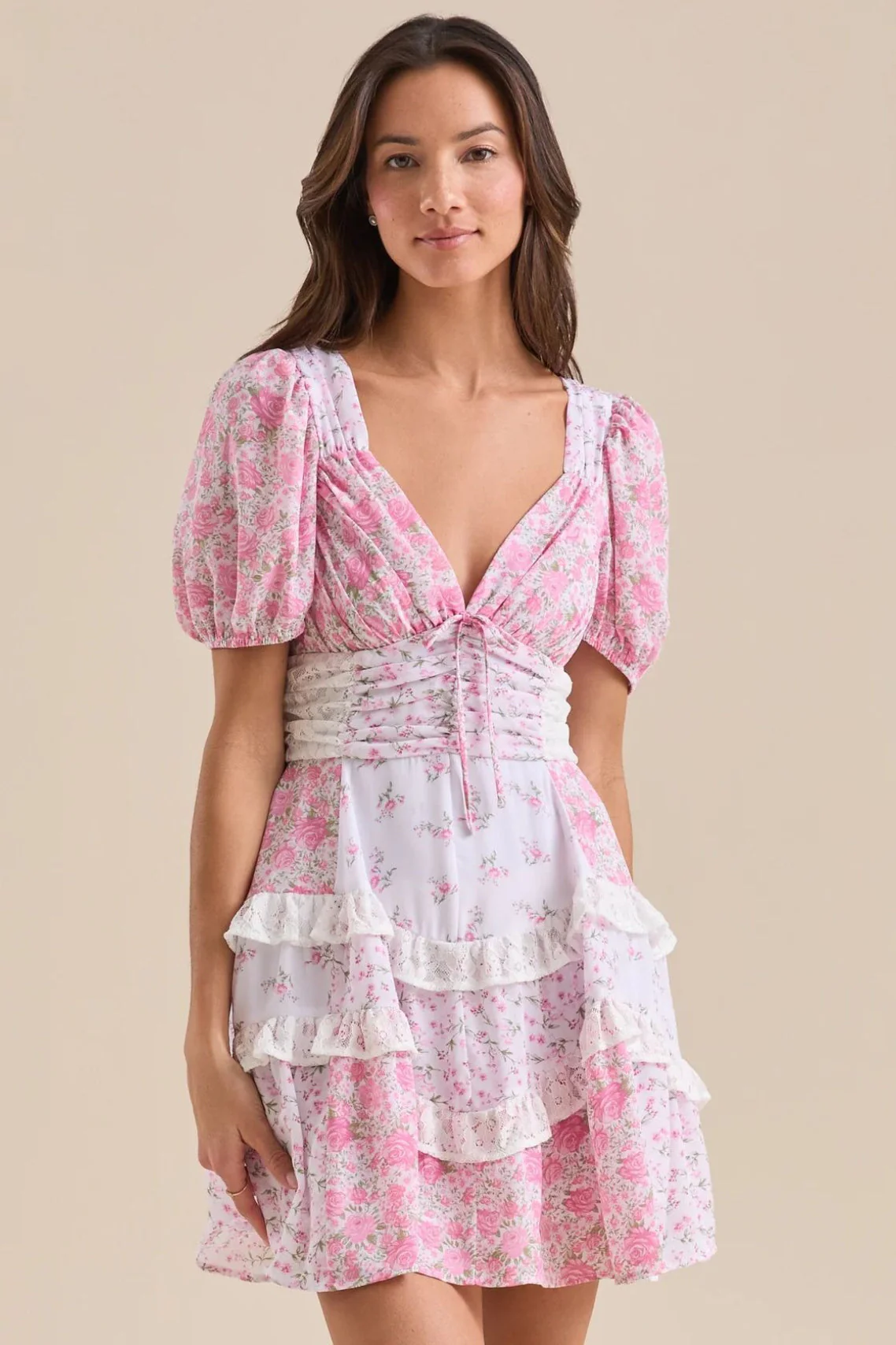 Floral Lace Patchwork V Neck Puff Short Sleeve Mini Dress - Image 6