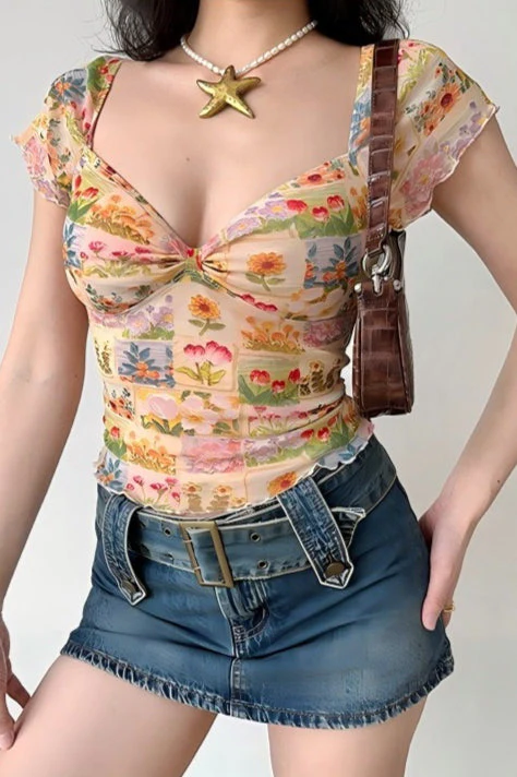 Floral Mesh Slim V Neck Tube Blouse - Image 2