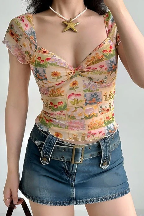 Floral Mesh Slim V Neck Tube Blouse - Image 3