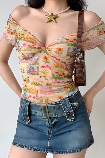 Floral Mesh Slim V Neck Tube Blouse - Image 4