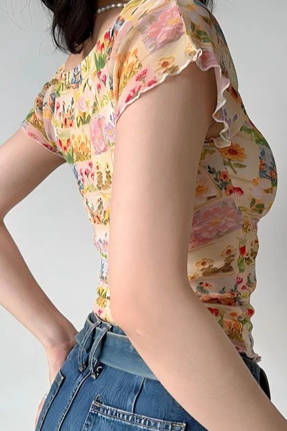 Floral Mesh Slim V Neck Tube Blouse - Image 6