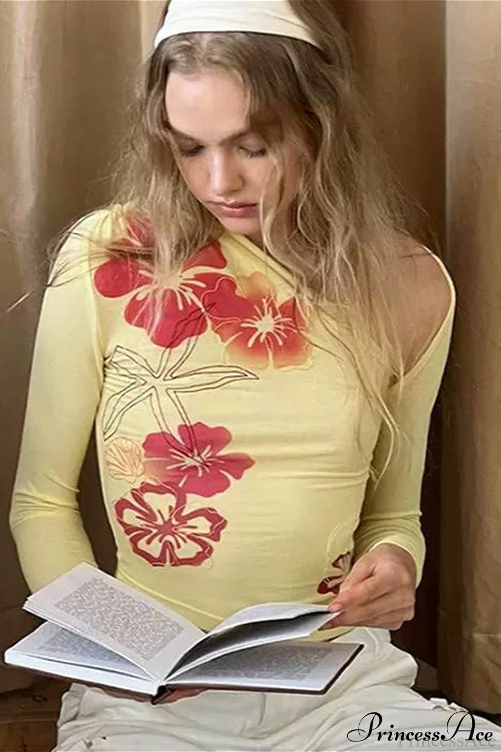 Floral Print Asymmetrical Neck Slim Long Sleeve Tee - Image 3