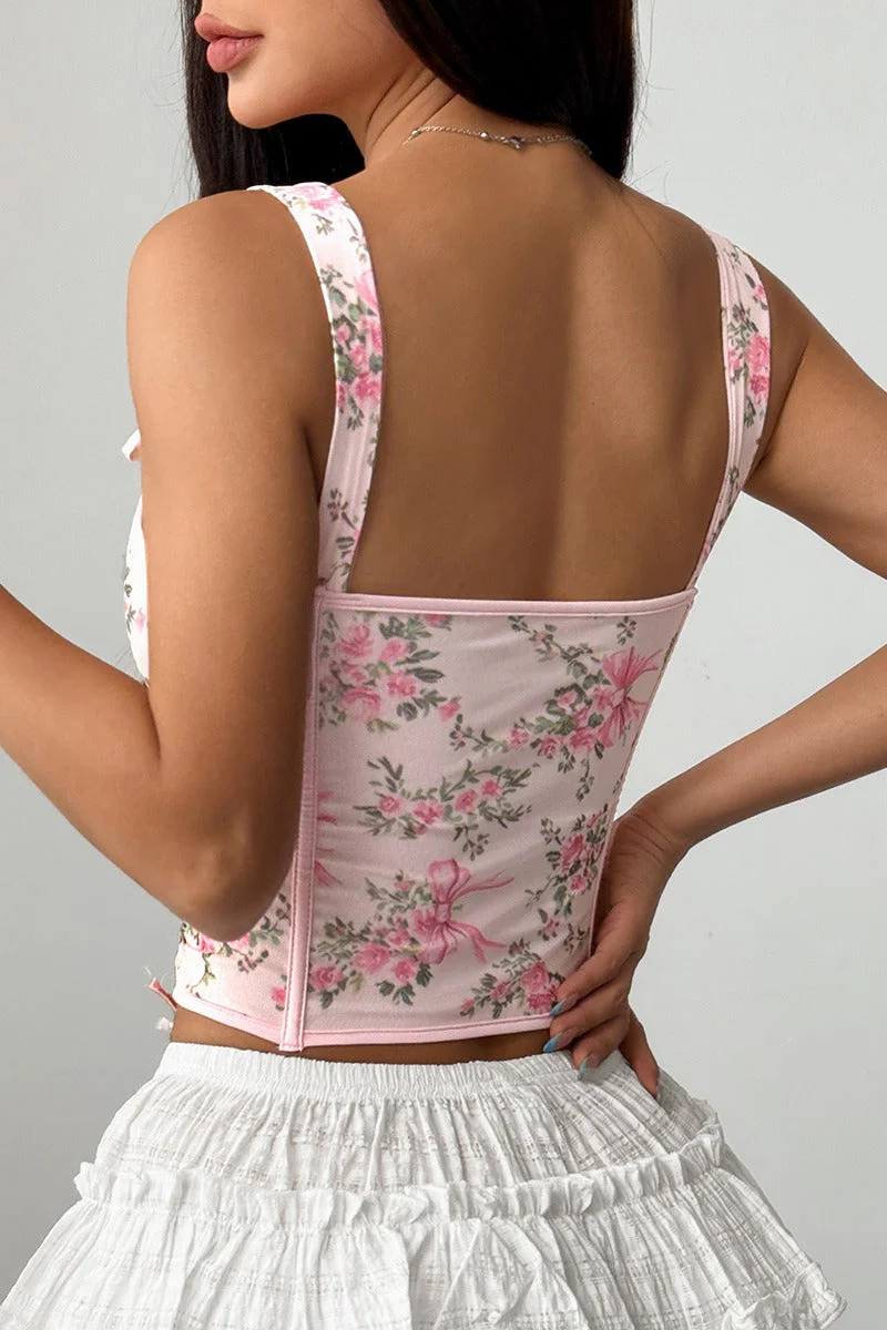 Floral Print Boned Cross Tie Bow Tank Top - Image 5