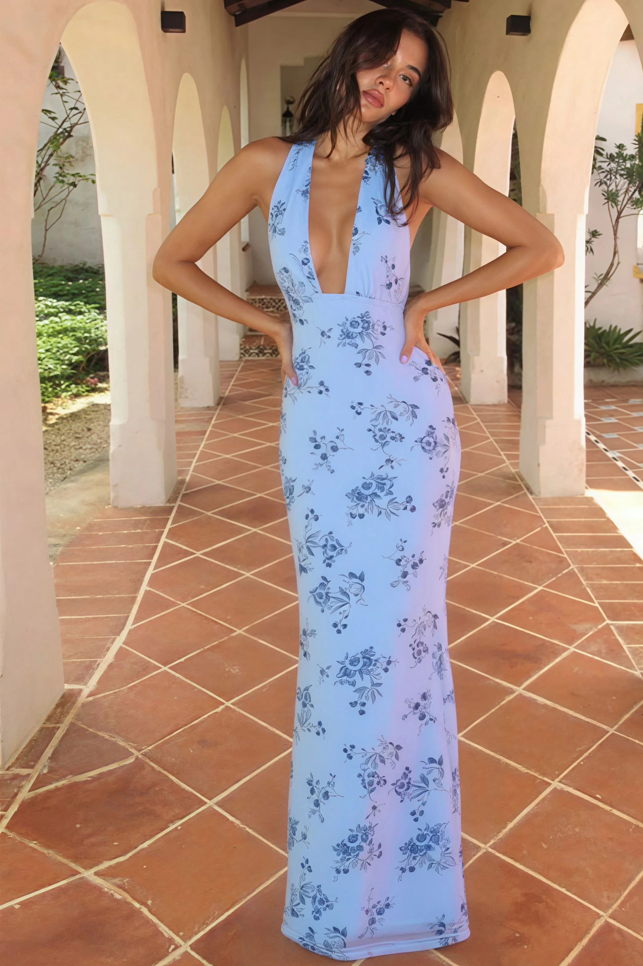 Floral Print Deep V Backless Tie Fitted Chic Maxi Dress - Image 5