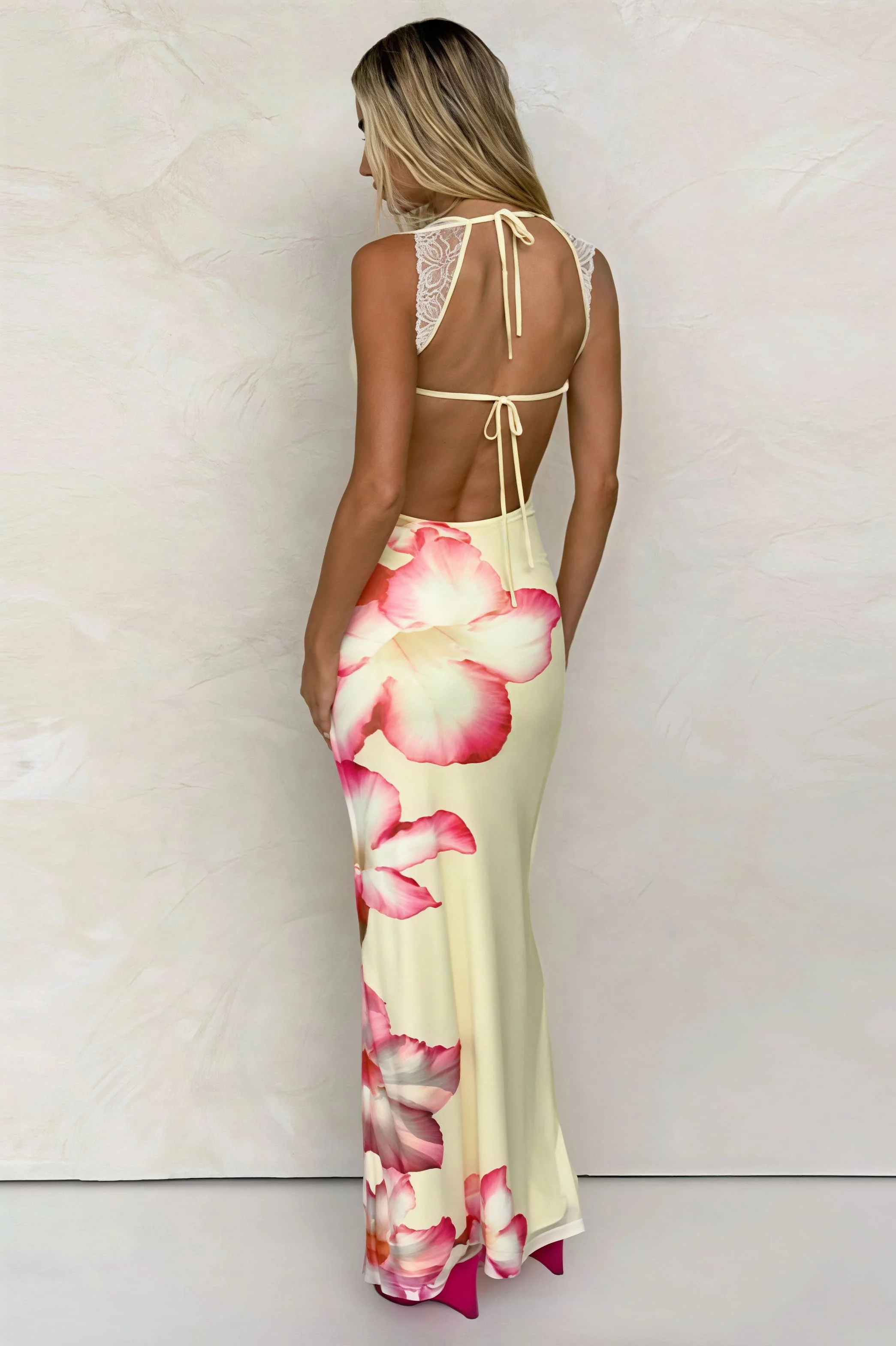 Floral Print Off Shoulder Lace Patchwork Cami Backless Maxi Dress - Image 4