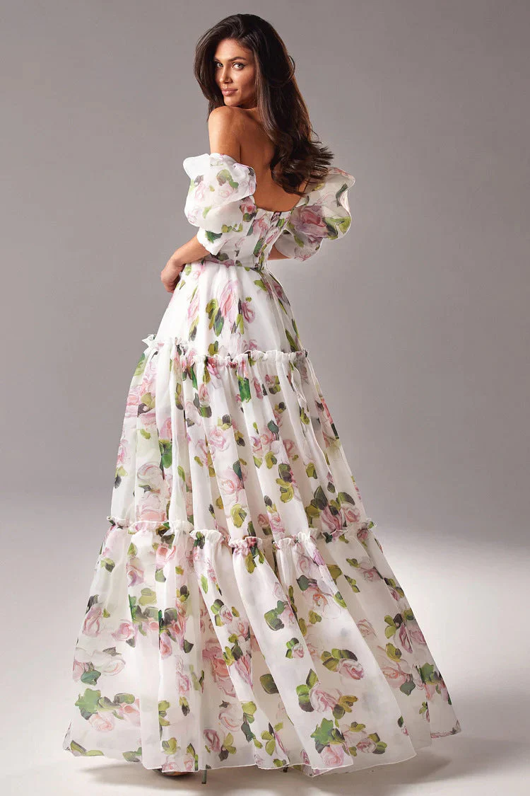 Floral Print Off Shoulder Puff Sleeve Organza Maxi Dress - Image 2