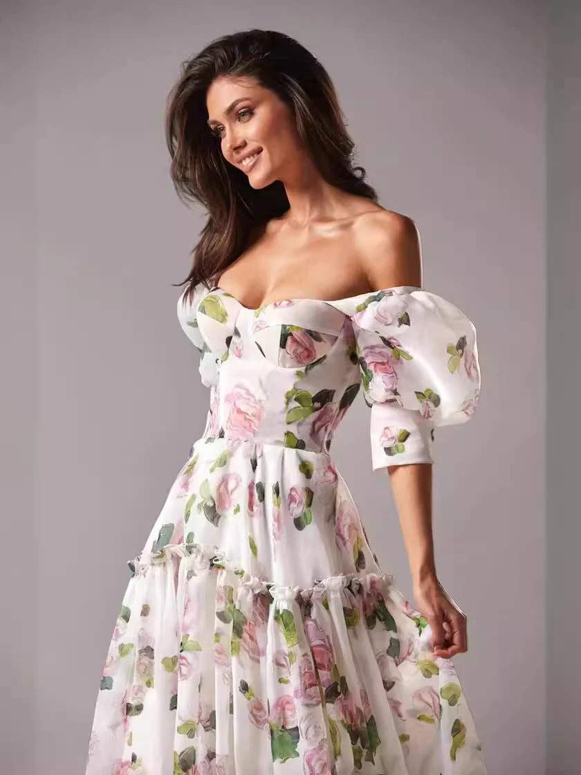 Floral Print Off Shoulder Puff Sleeve Organza Maxi Dress - Image 3