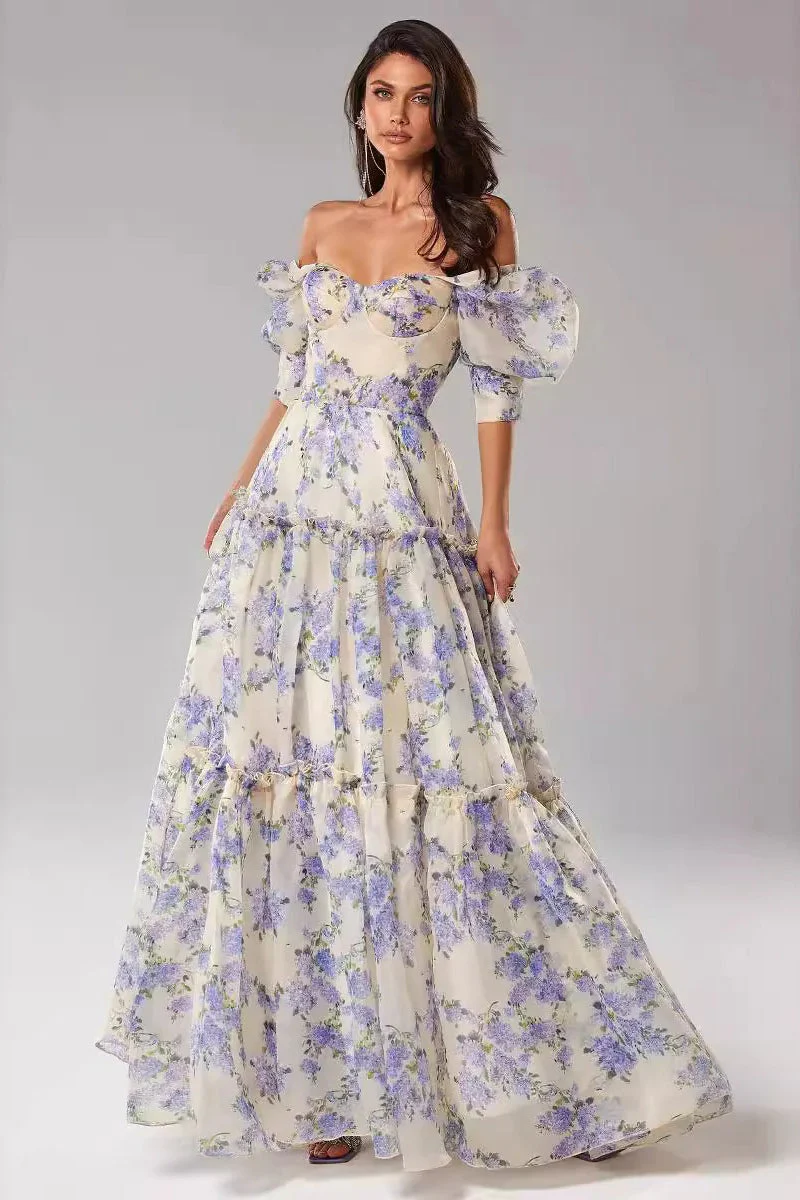 Floral Print Off Shoulder Puff Sleeve Organza Maxi Dress - Image 4