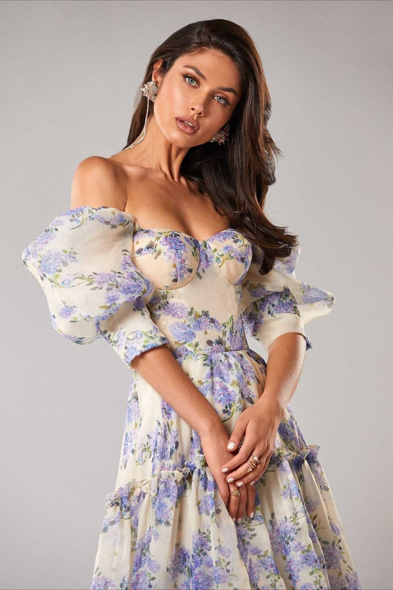 Floral Print Off Shoulder Puff Sleeve Organza Maxi Dress - Image 5