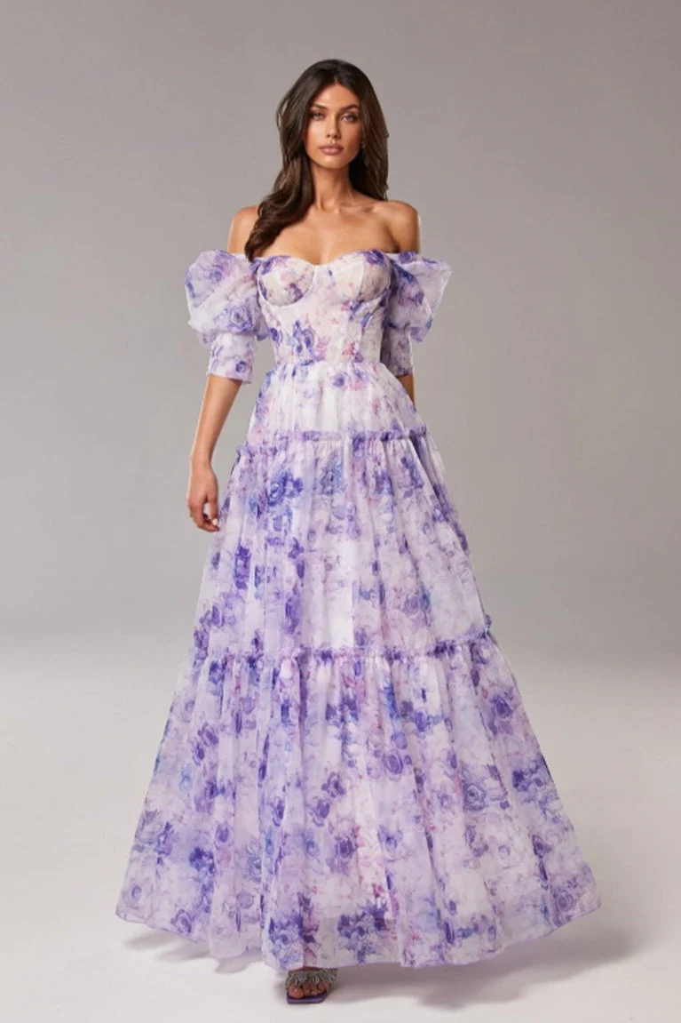 Floral Print Off Shoulder Puff Sleeve Organza Maxi Dress - Image 6