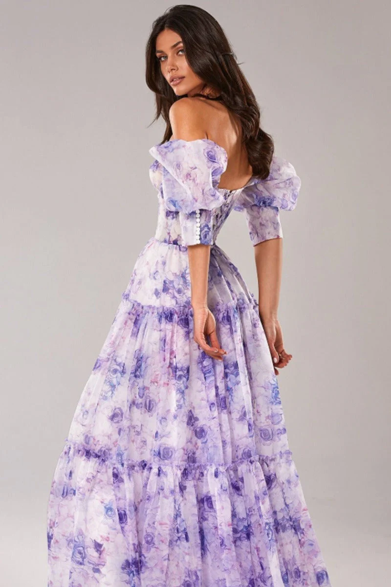 Floral Print Off Shoulder Puff Sleeve Organza Maxi Dress - Image 7