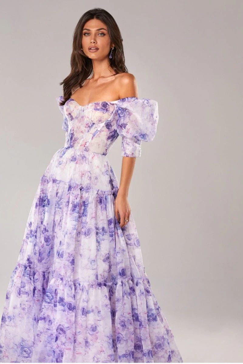 Floral Print Off Shoulder Puff Sleeve Organza Maxi Dress - Image 8