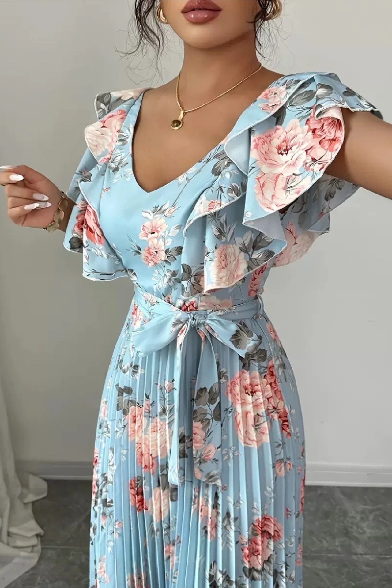 Floral Print Ruffle Sleeve V Neck Pleated Elegant Maxi Dress - Image 10