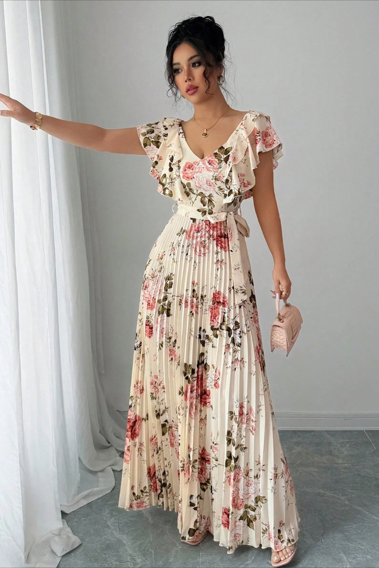 Floral Print Ruffle Sleeve V Neck Pleated Elegant Maxi Dress - Image 2