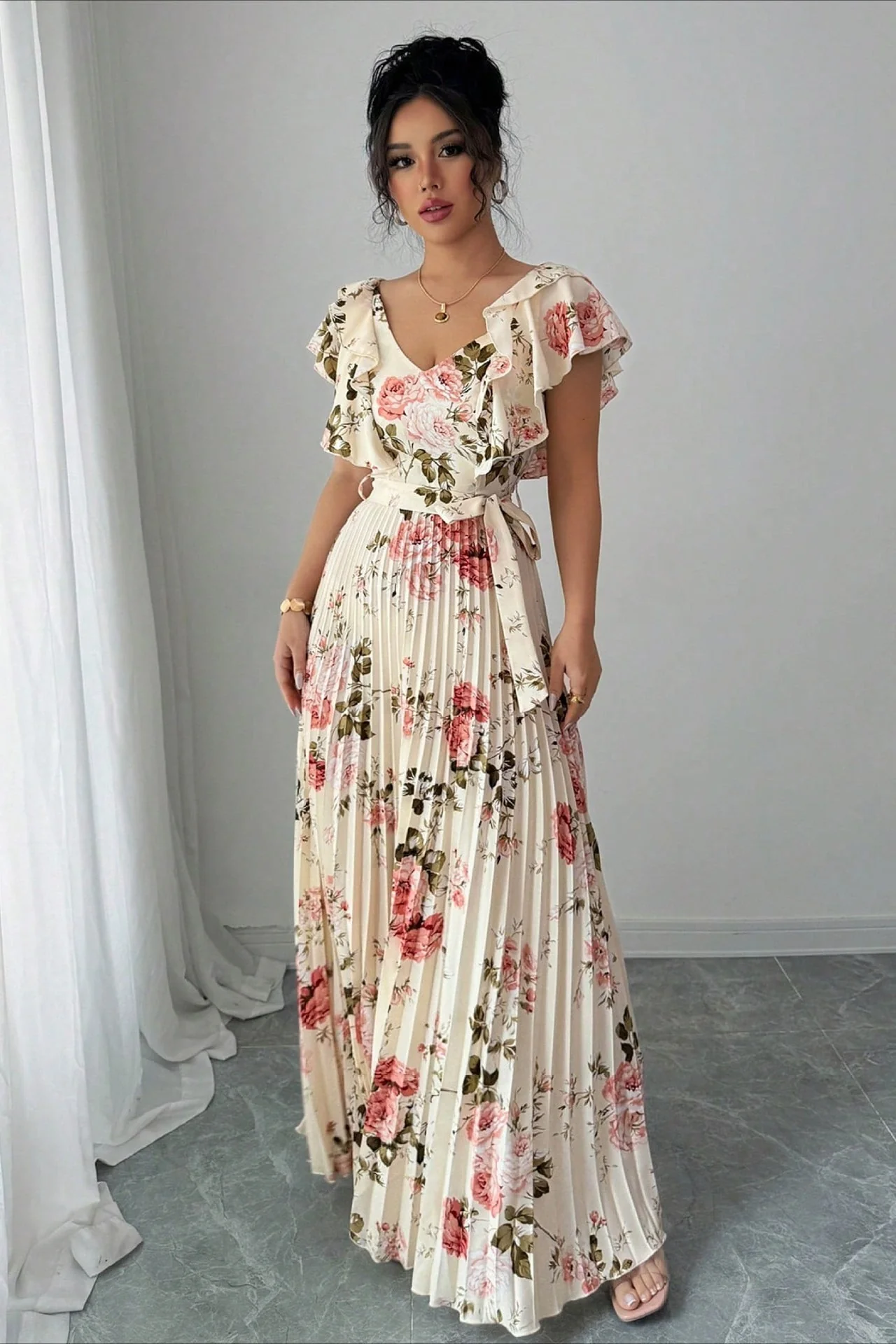 Floral Print Ruffle Sleeve V Neck Pleated Elegant Maxi Dress - Image 3