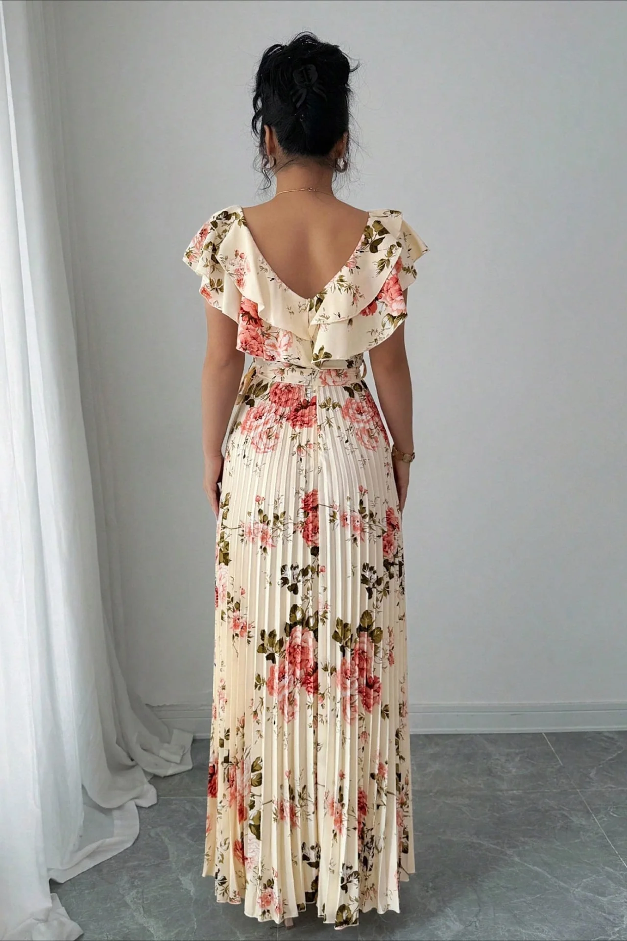 Floral Print Ruffle Sleeve V Neck Pleated Elegant Maxi Dress - Image 4