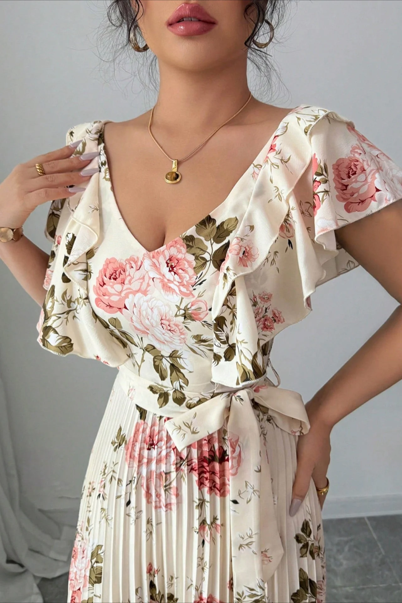 Floral Print Ruffle Sleeve V Neck Pleated Elegant Maxi Dress - Image 5