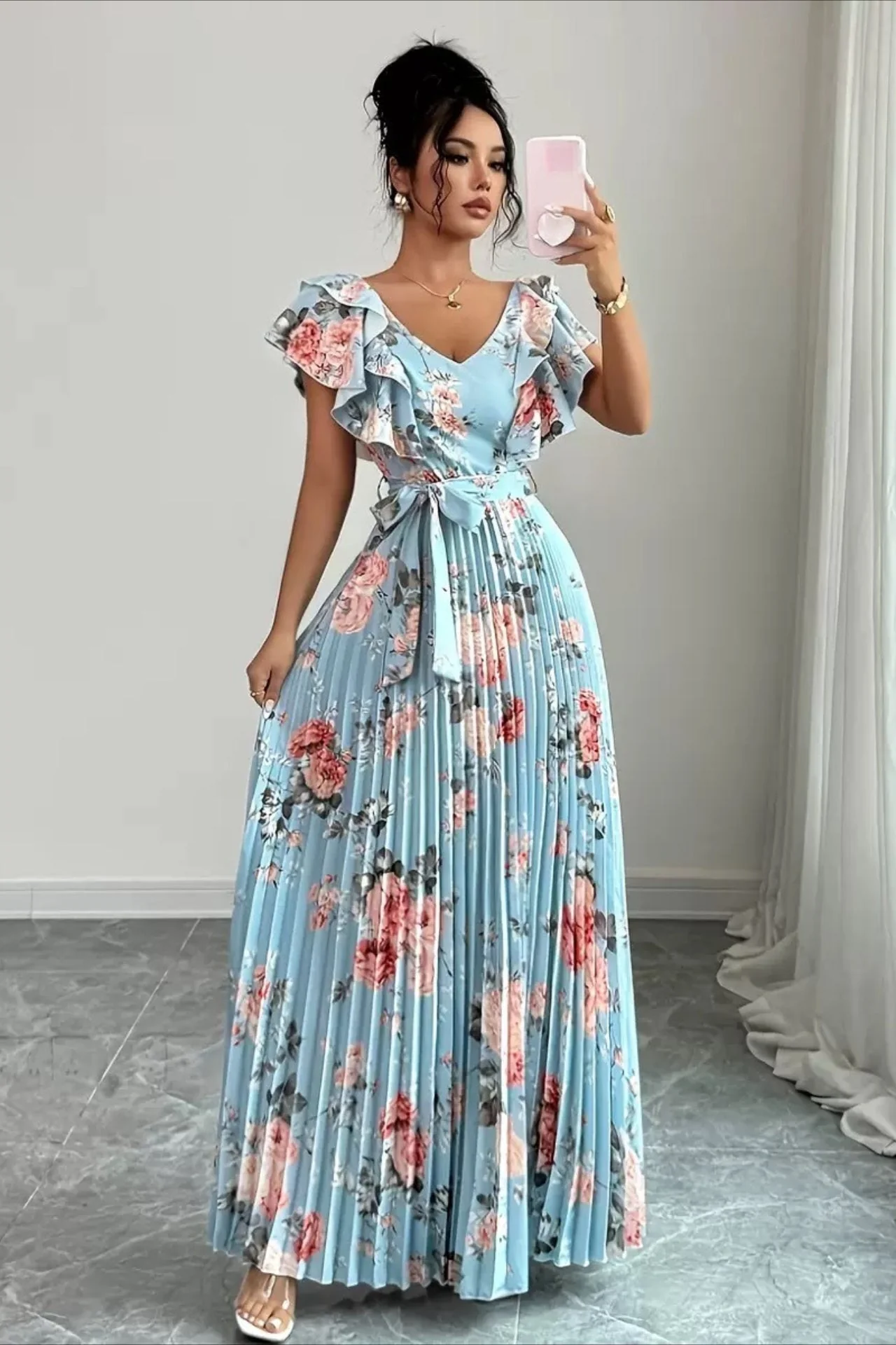 Floral Print Ruffle Sleeve V Neck Pleated Elegant Maxi Dress - Image 6