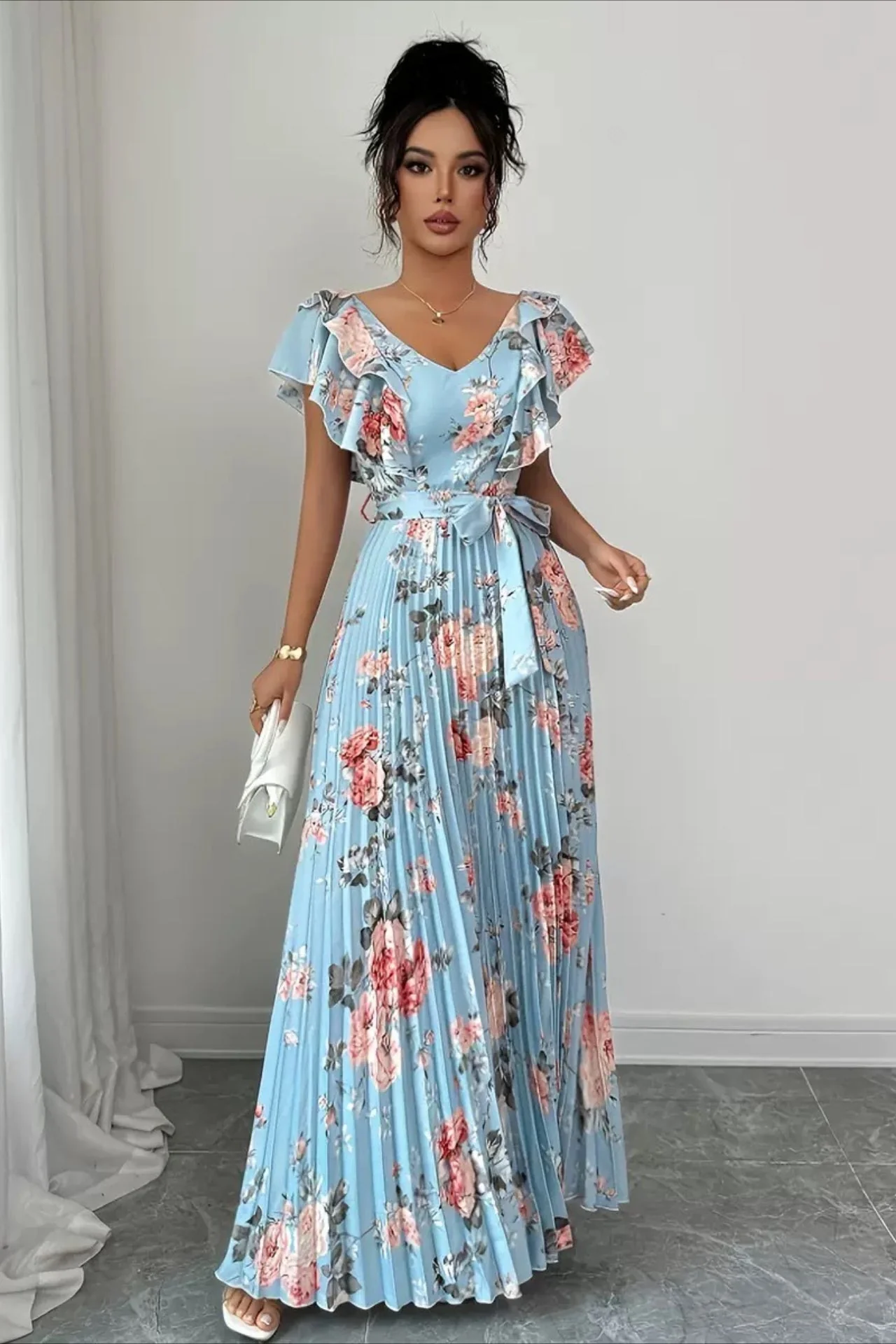 Floral Print Ruffle Sleeve V Neck Pleated Elegant Maxi Dress - Image 7