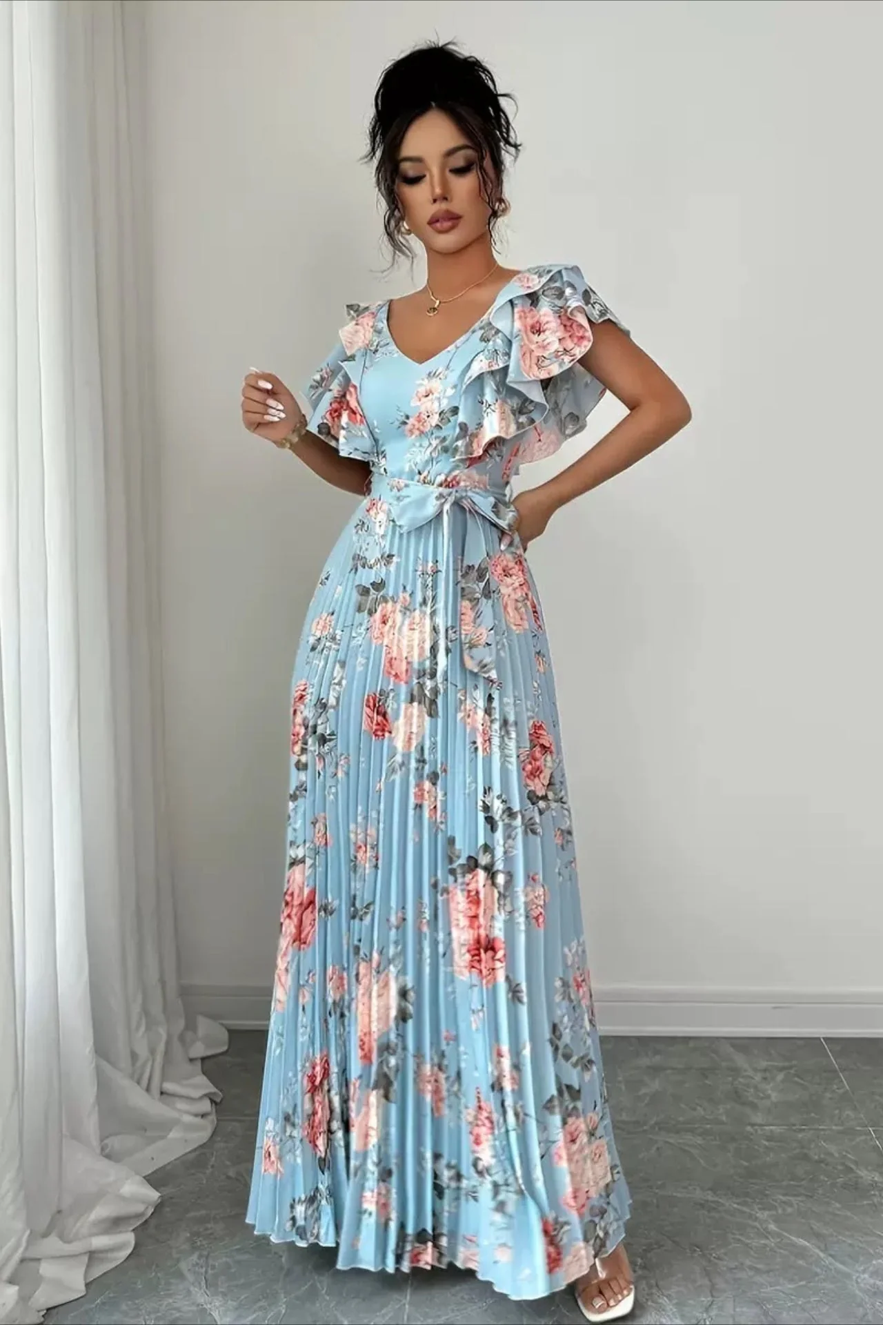 Floral Print Ruffle Sleeve V Neck Pleated Elegant Maxi Dress - Image 8