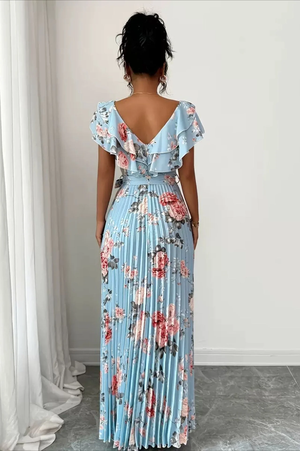 Floral Print Ruffle Sleeve V Neck Pleated Elegant Maxi Dress - Image 9