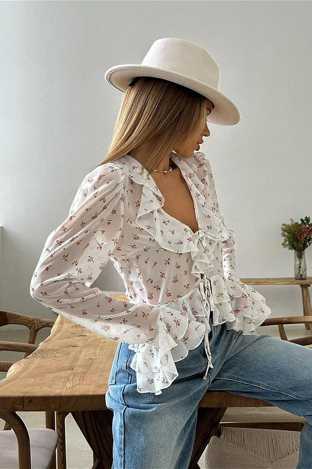 Floral Print Slim Fit V-neck Ruffled Blouse - Image 3
