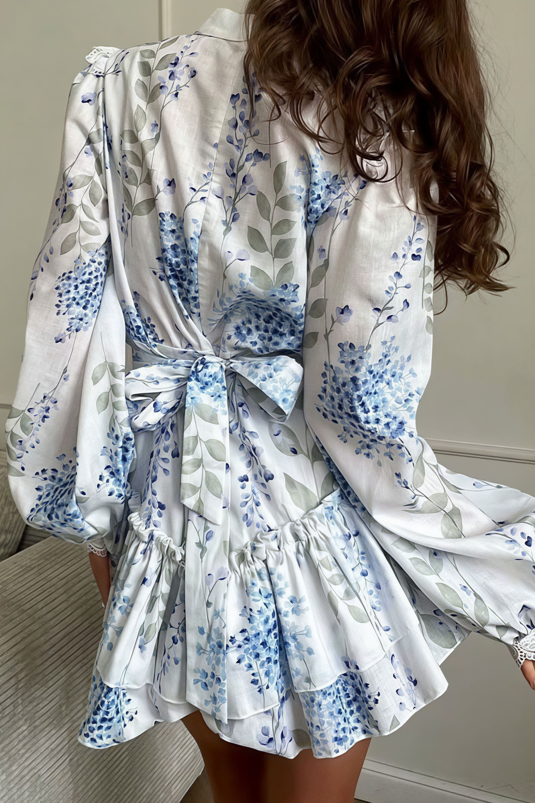 Floral Print Stand Collar Puff Sleeve Ruffle Maxi Dress - Image 2