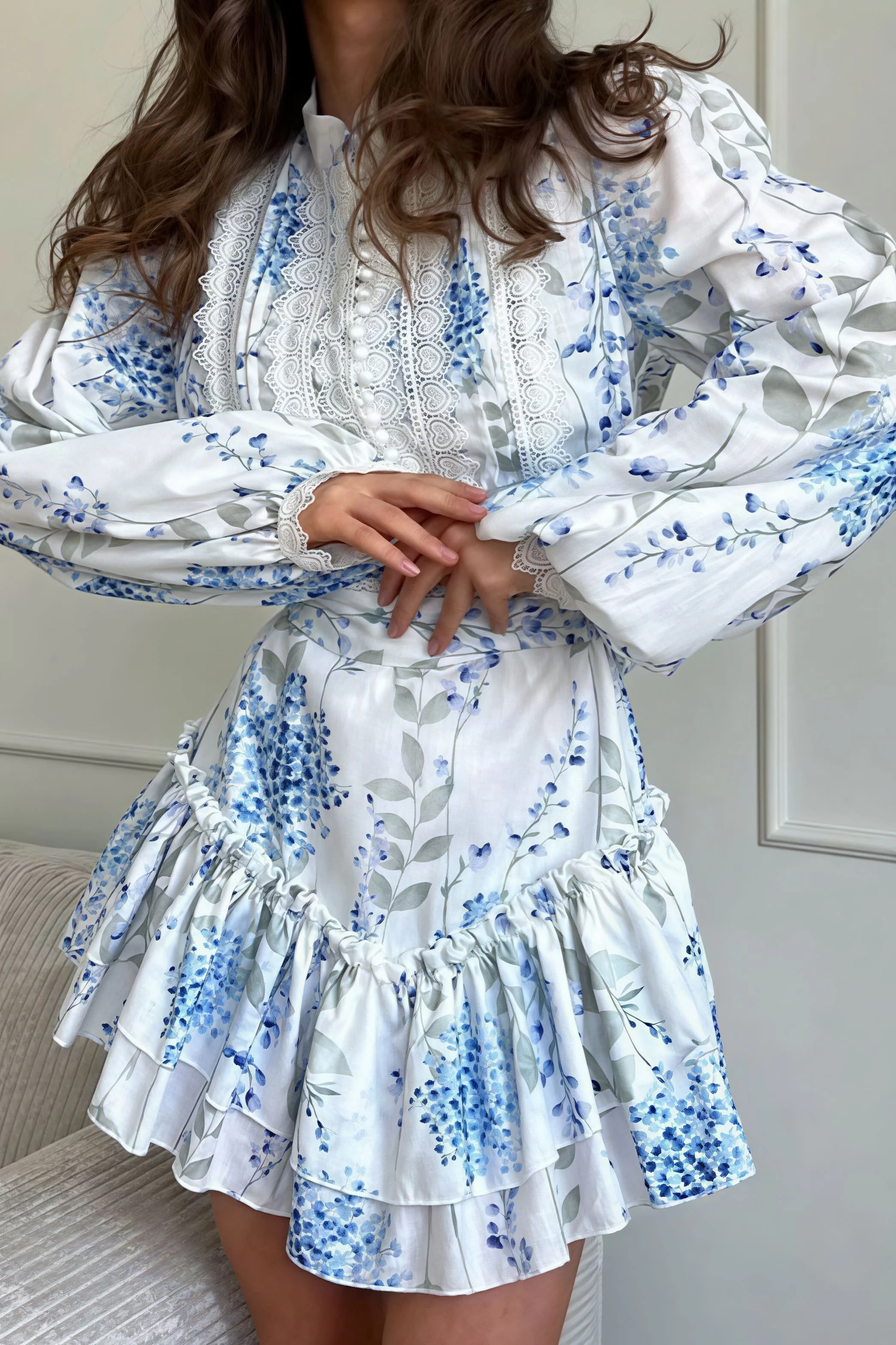 Floral Print Stand Collar Puff Sleeve Ruffle Maxi Dress - Image 3