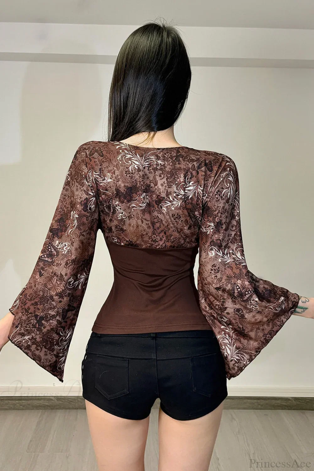 Vintage Floral Print V-neck Slim Sexy Long Sleeve Tee - Image 3