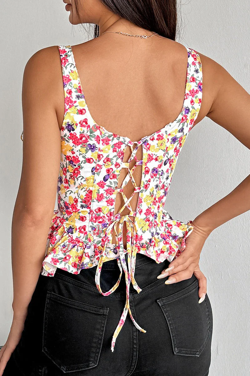 Floral Tie Adjustable Boned Ruffled Tank Top - Image 12