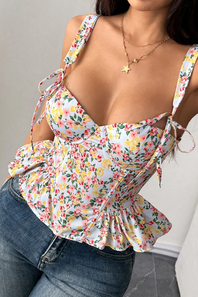 Floral Tie Adjustable Boned Ruffled Tank Top - Image 5