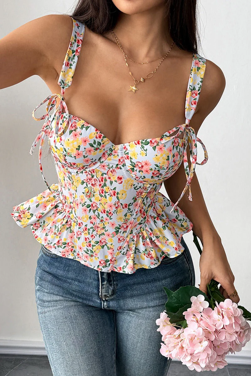 Floral Tie Adjustable Boned Ruffled Tank Top - Image 6