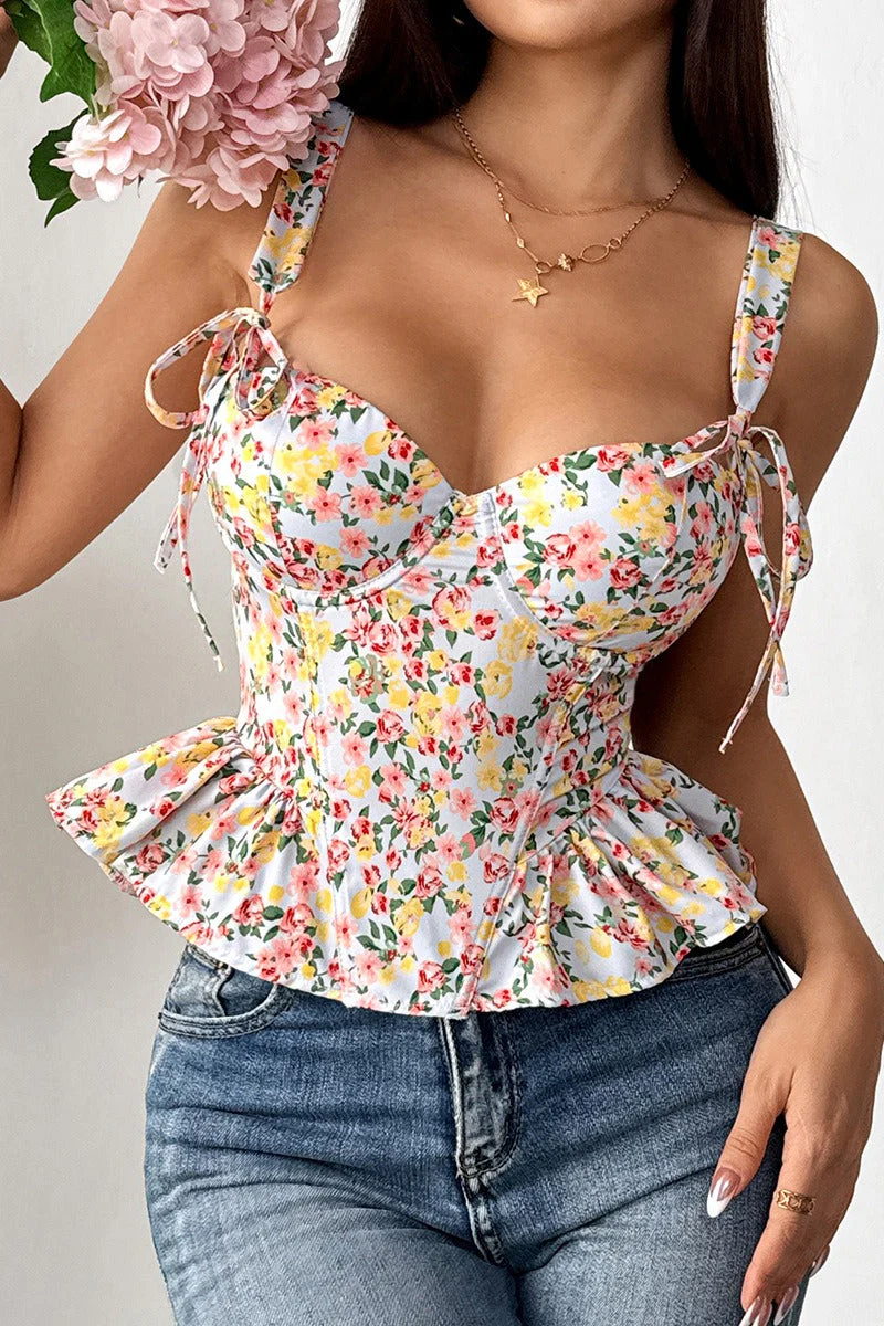 Floral Tie Adjustable Boned Ruffled Tank Top - Image 7