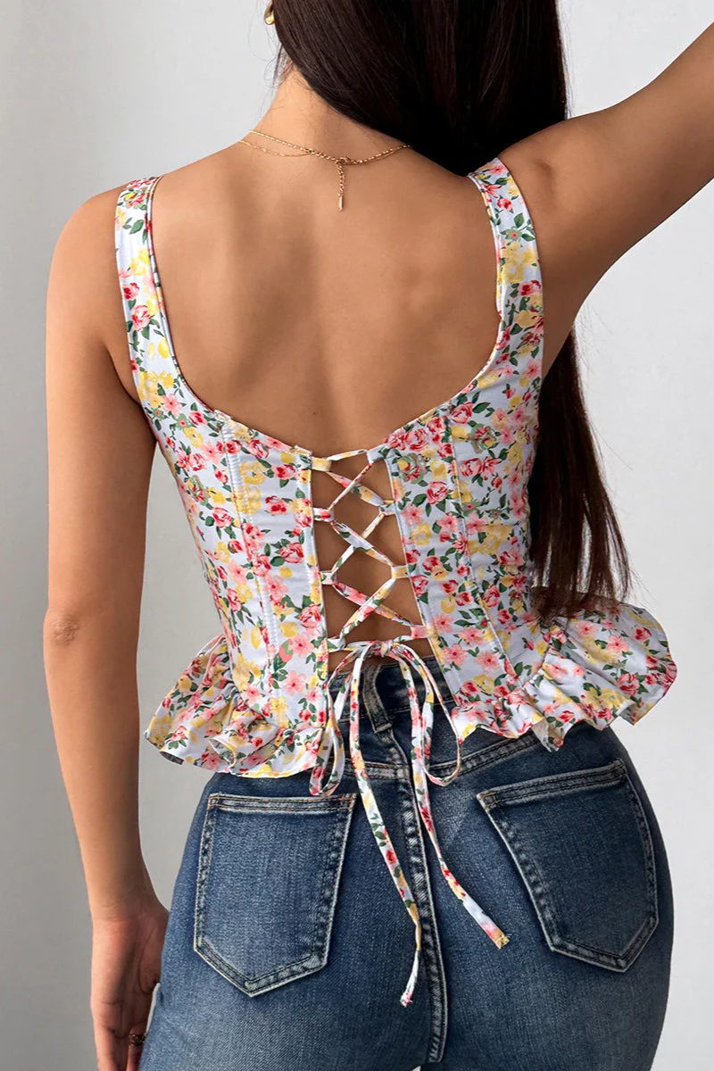 Floral Tie Adjustable Boned Ruffled Tank Top - Image 8