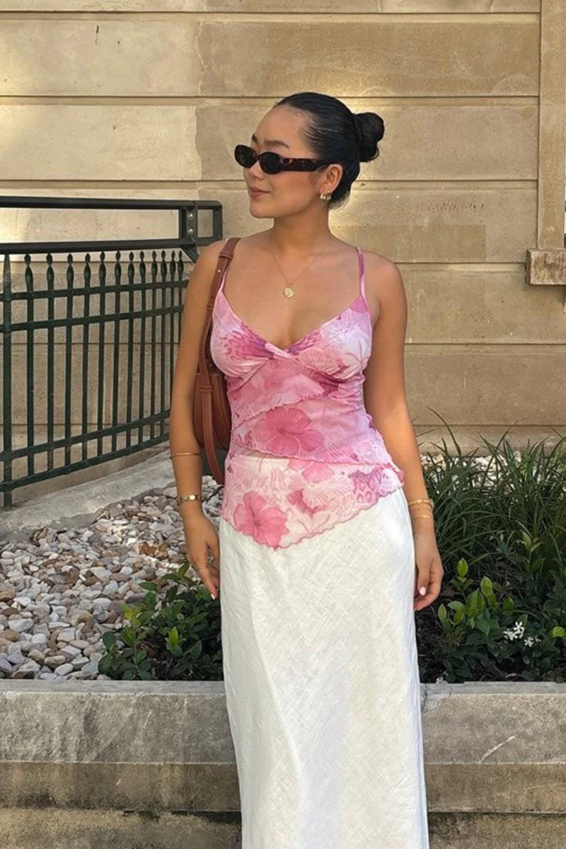Floral Trim Chiffon Waist Cinched Padded Cami Top - Image 3