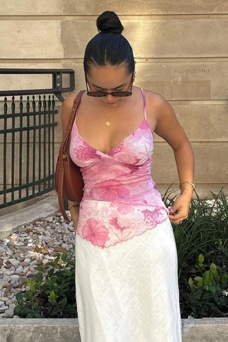 Floral Trim Chiffon Waist Cinched Padded Cami Top - Image 4