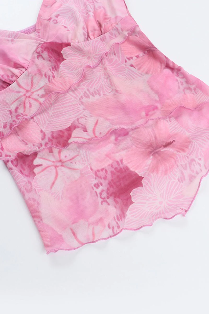 Floral Trim Chiffon Waist Cinched Padded Cami Top - Image 5
