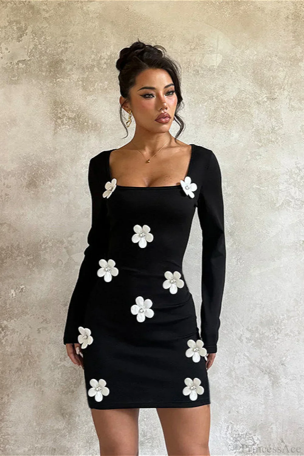 Floral Waist Slim Sexy Long Sleeve Bodycon Mini Dress - Image 2