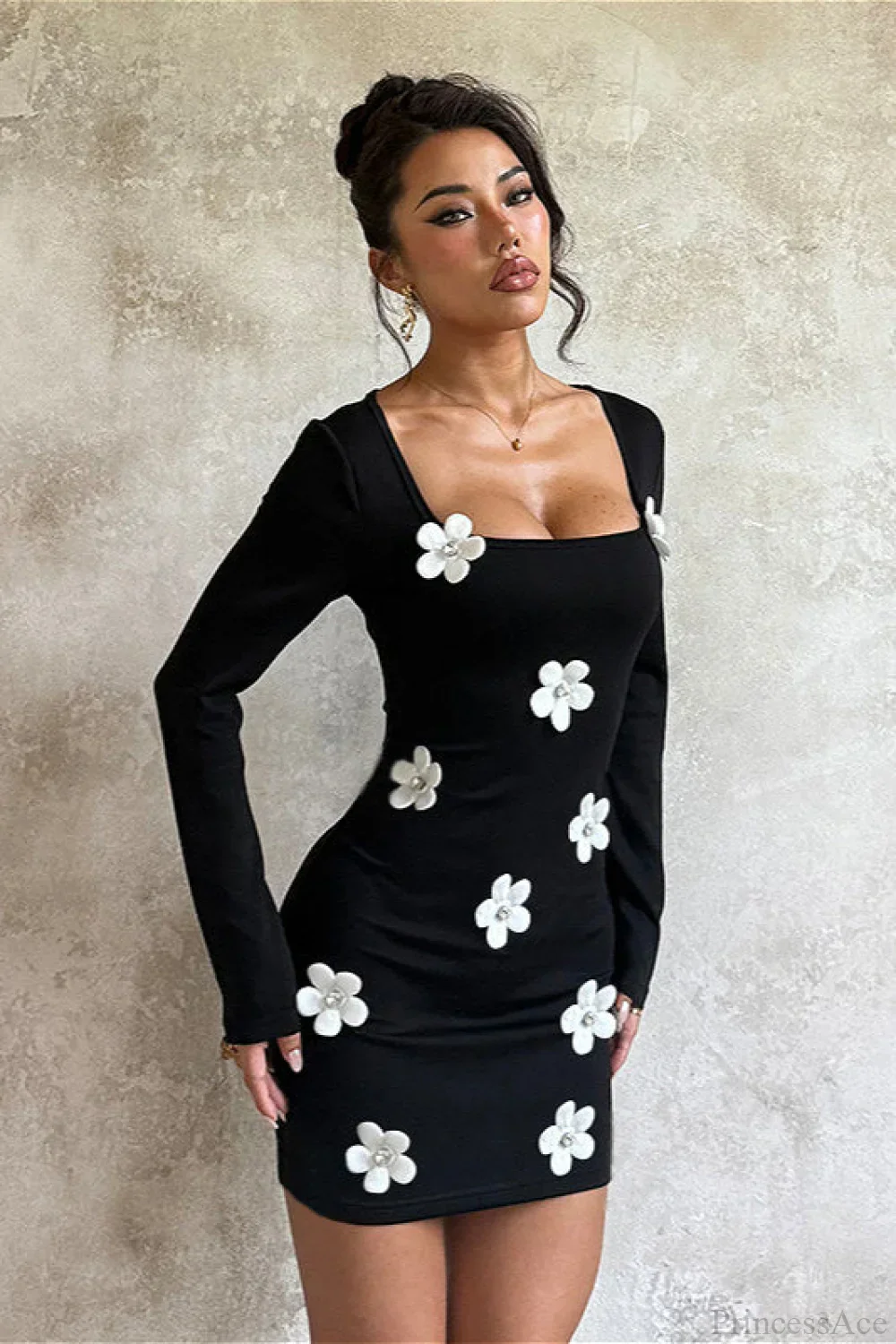 Floral Waist Slim Sexy Long Sleeve Bodycon Mini Dress - Image 3