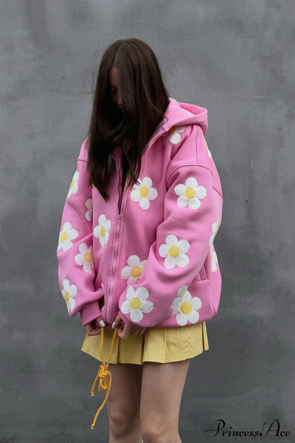 Flower Applique Loose Zip Hoodie - Image 2
