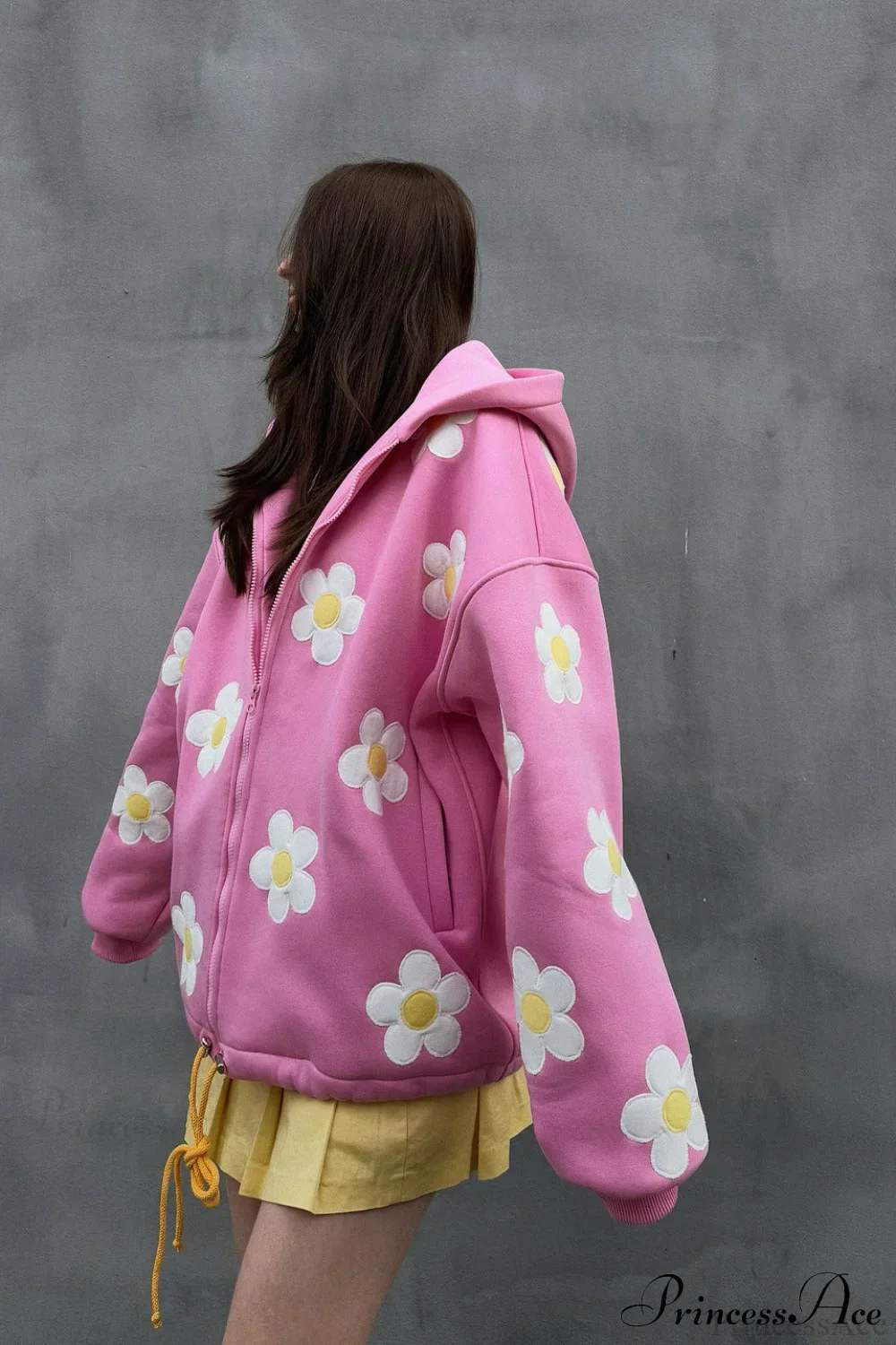 Flower Applique Loose Zip Hoodie - Image 3
