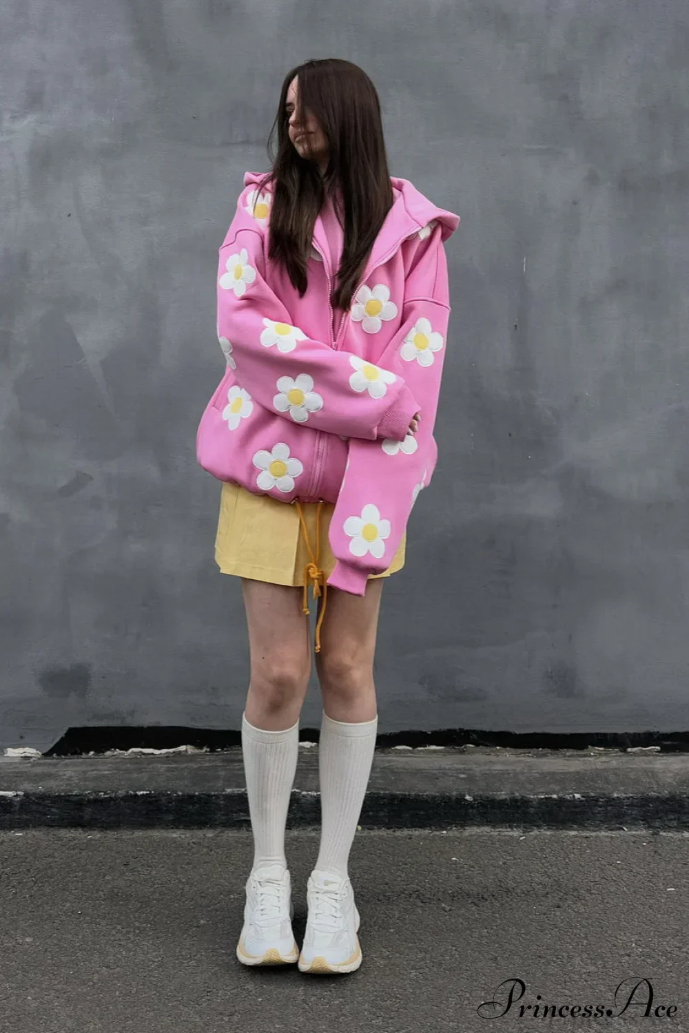 Flower Applique Loose Zip Hoodie - Image 4