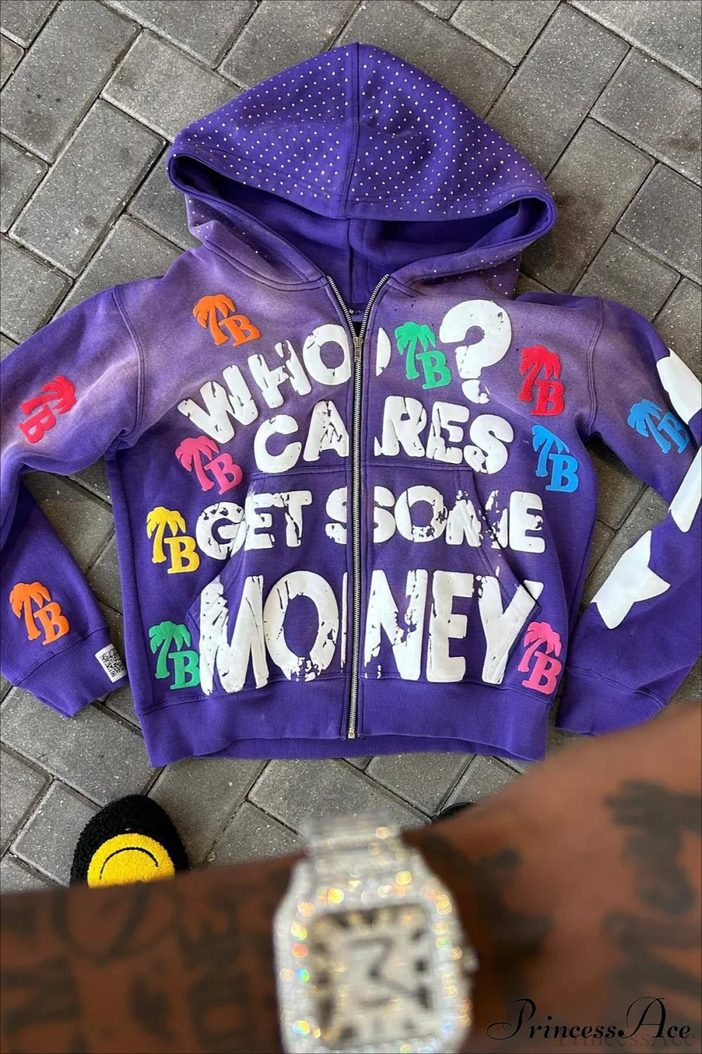 Foam Letter Print Hip-Hop Zip Hoodie - Image 3