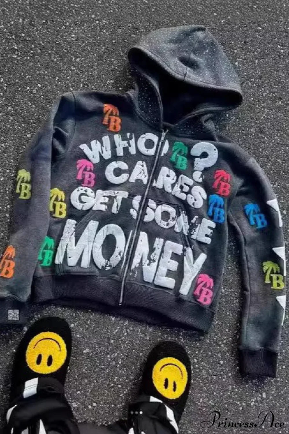 Foam Letter Print Hip-Hop Zip Hoodie - Image 5